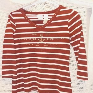 Red and white cotton 3/4 length sleeve nautical look with 3/4 length sleeves